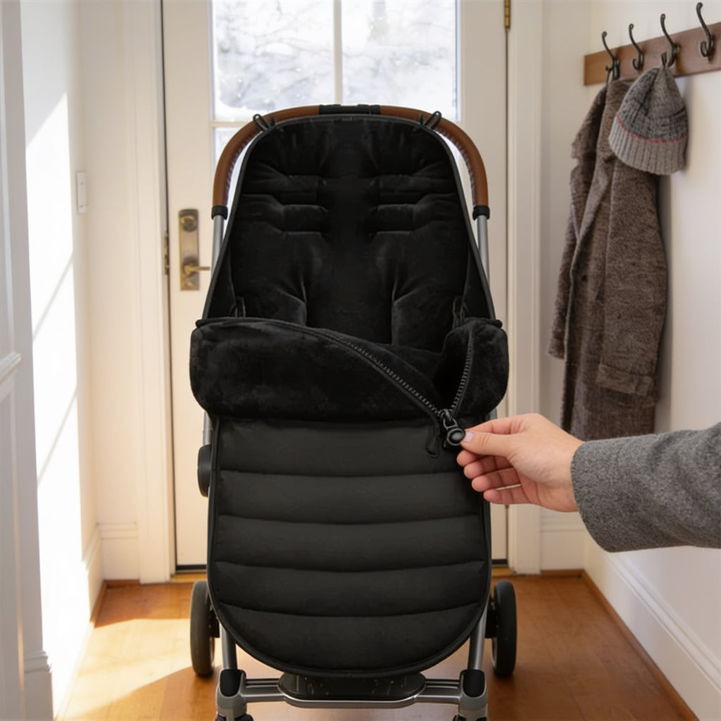 Lumiwee Flurry winter stroller bunting bag: opening the zip on the quilted foot section