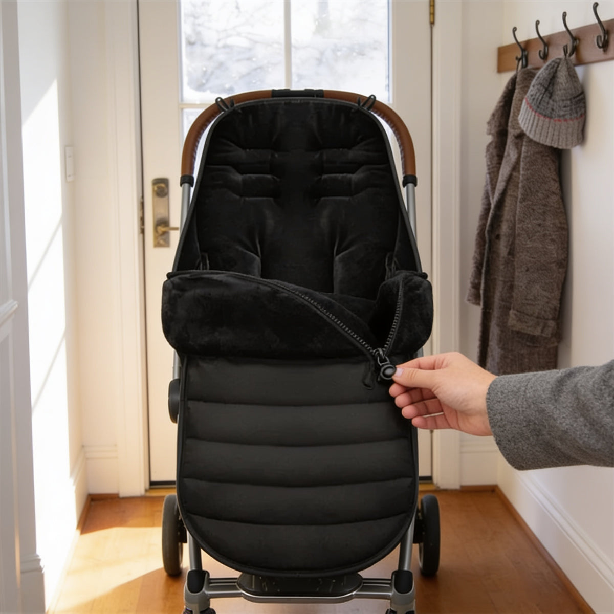 Lumiwee Flurry winter stroller bunting bag: opening the zip on the quilted foot section