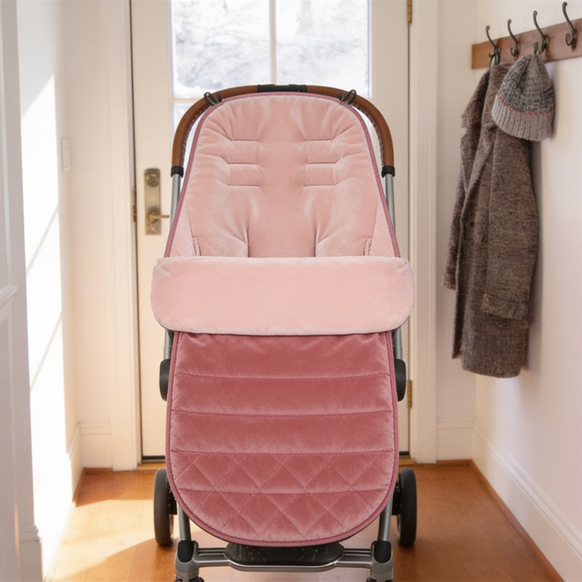 Lumiwee Flurry winter stroller bunting bag, Pink option, in a bright room