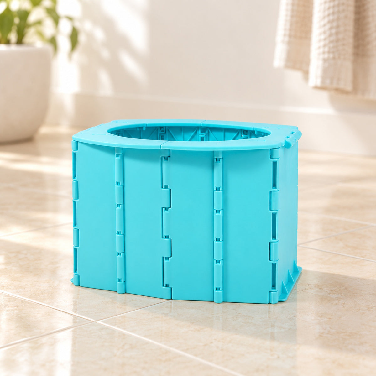 Lumiwee Sky Blue foldable potty on clean bathroom tile