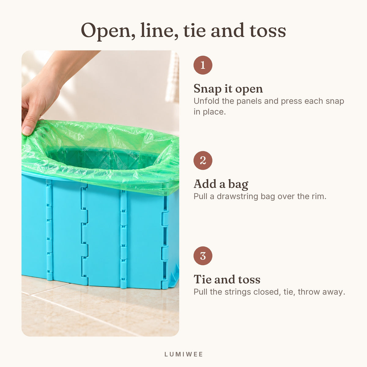 Lumiwee infographic: Foldable Travel Potty - Open, line, tie and toss