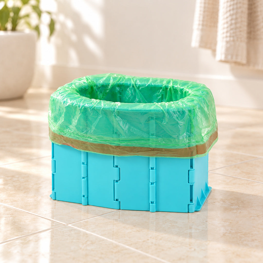 Sky Blue foldable potty with a clean drawstring liner fitted