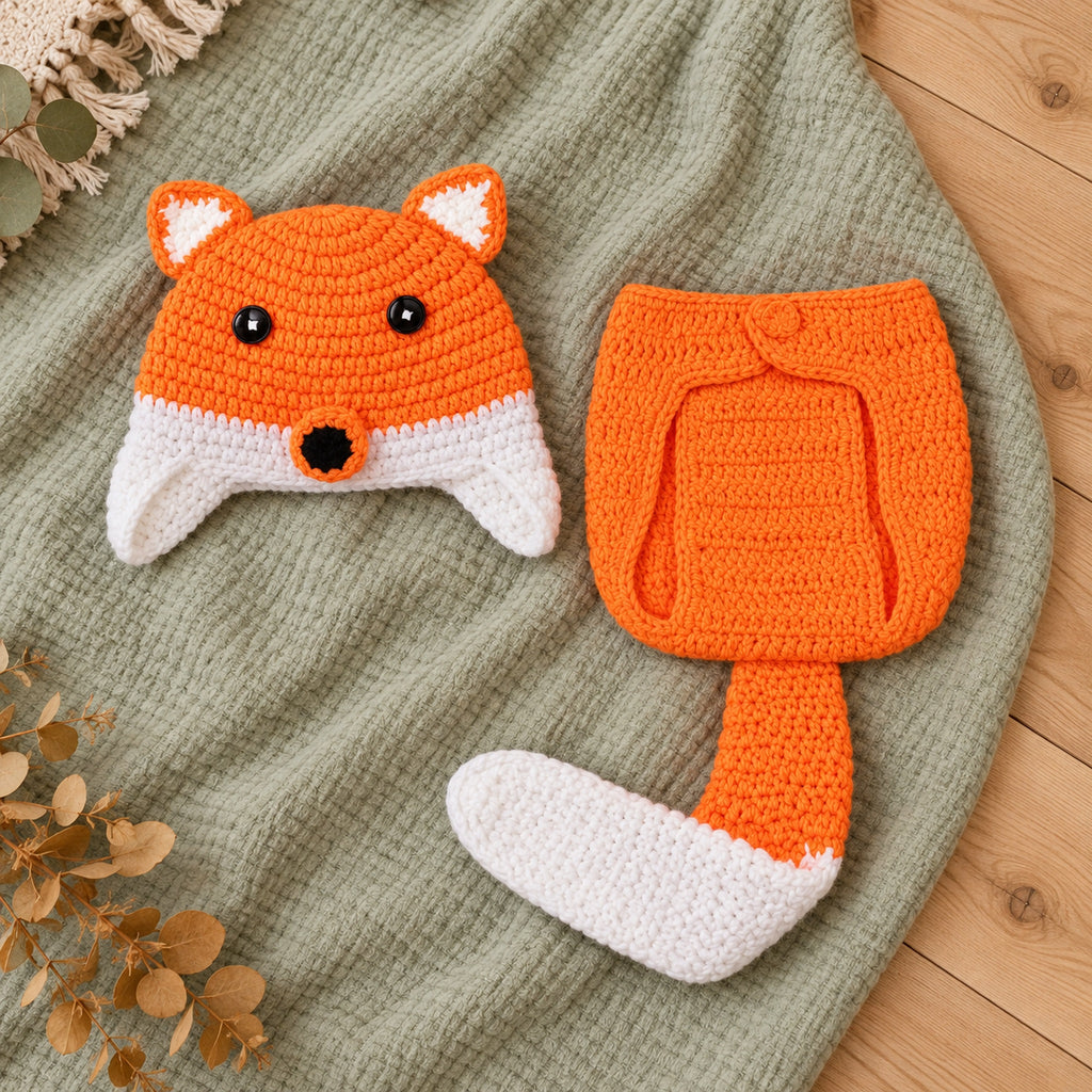 Lumiwee orange fox crochet hat and diaper cover with white-tipped tail on a sage blanket