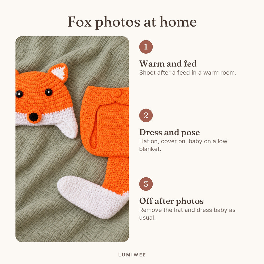 Lumiwee infographic: Fox crochet outfit - Fox photos at home
