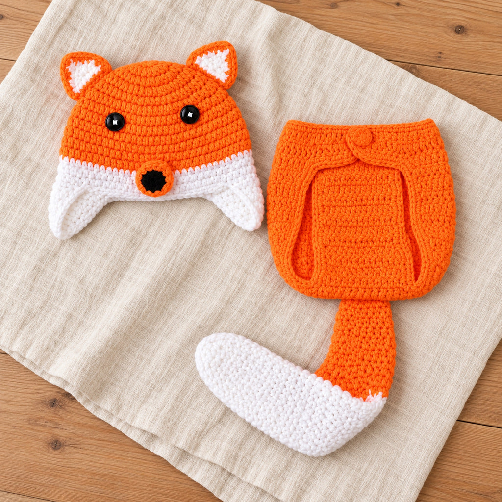 Lumiwee two-piece fox crochet photo outfit laid out on linen