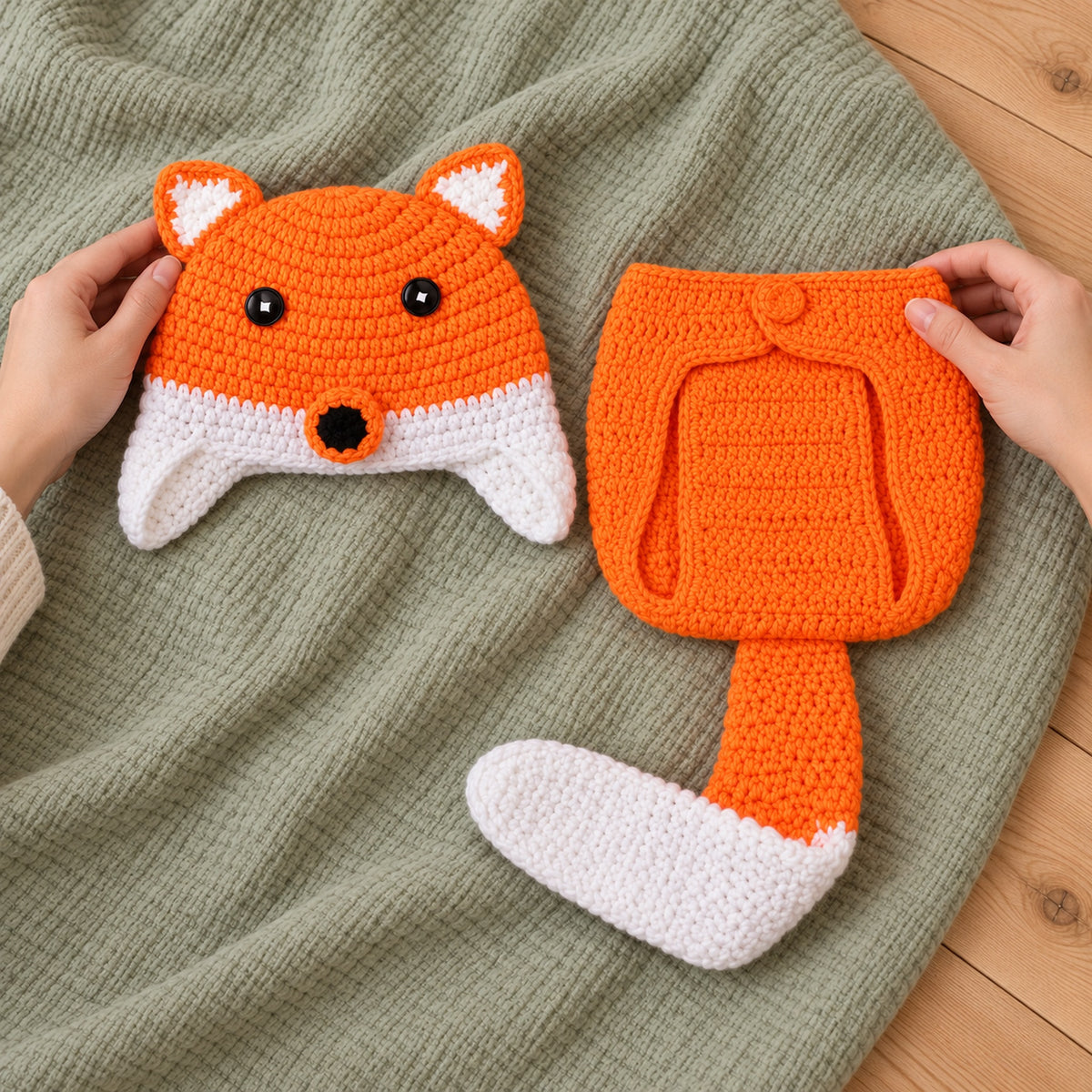 Adult arranging the fox crochet hat and diaper cover for a photo session