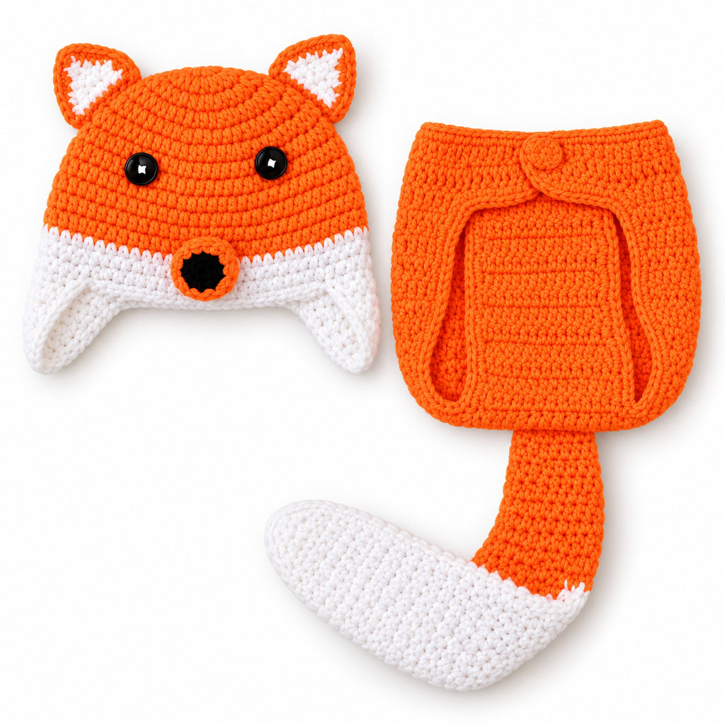 Lumiwee orange fox crochet hat and diaper cover with tail on white