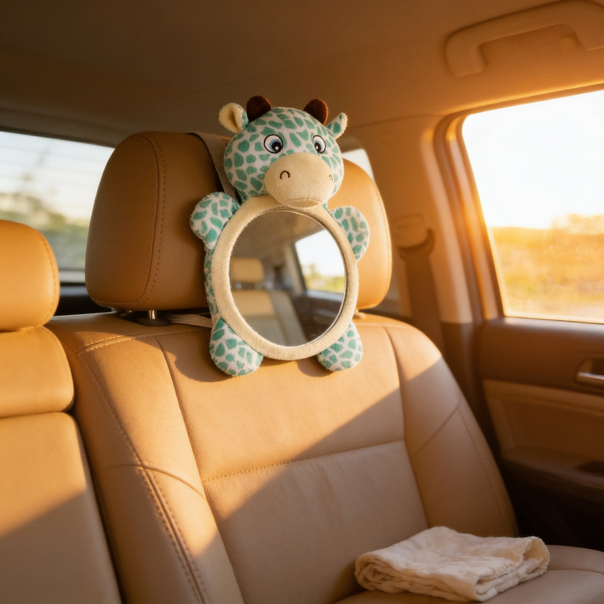 Lumiwee Glance back seat baby car mirror: giraffe baby mirror on a rear headrest in a sunlit car
