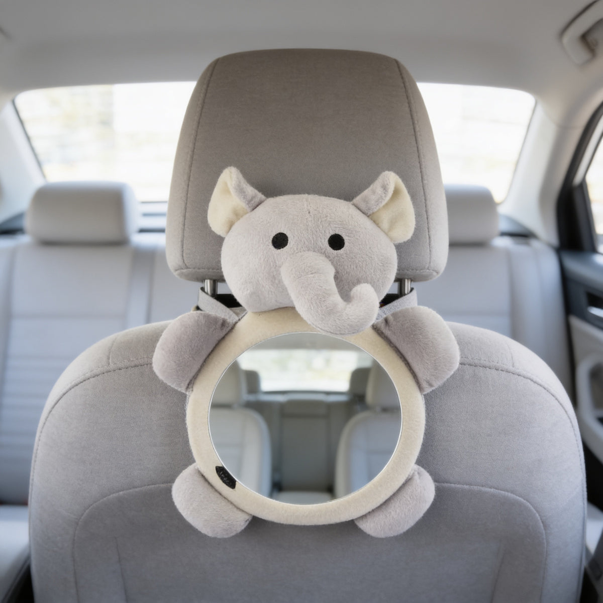 Lumiwee Glance back seat baby car mirror, Elephant option, in a bright room