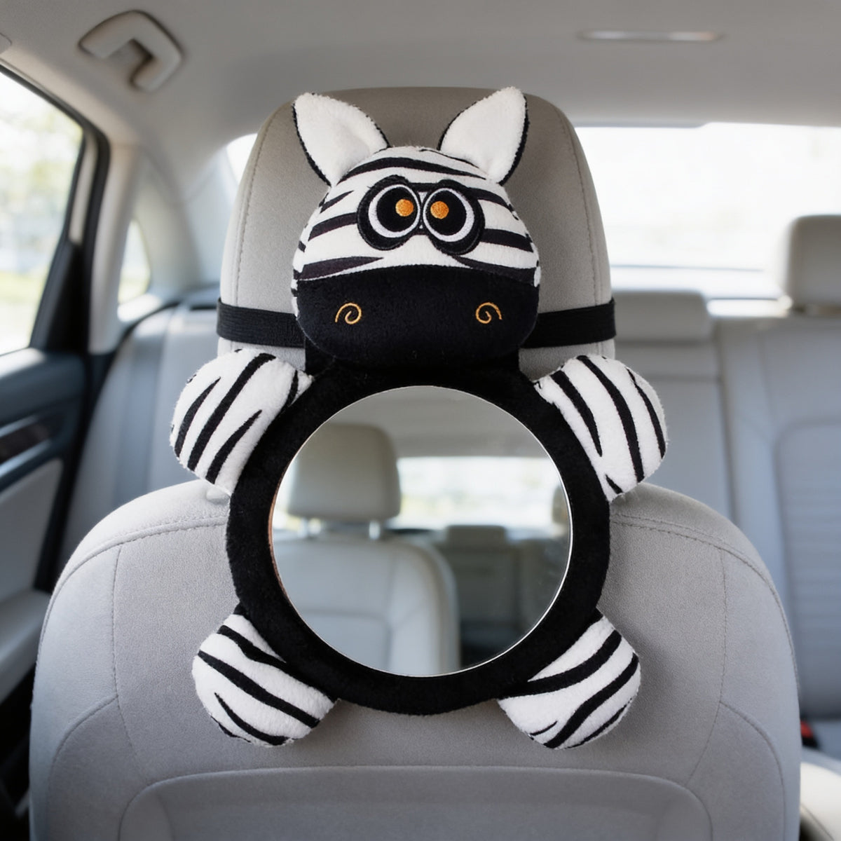 Lumiwee Glance back seat baby car mirror, Zebra option, in a bright room