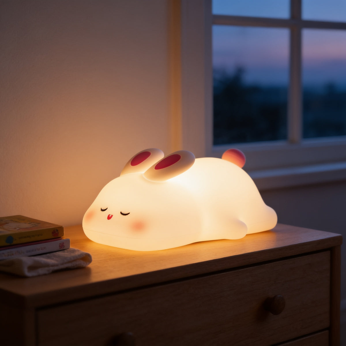 Lumiwee Glow animal silicone night light: bunny silicone night light glowing on a dresser at dusk