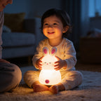 Lumiwee Glow animal silicone night light: toddler holding the glowing bunny light
