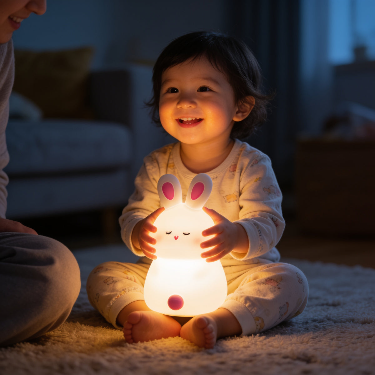 Lumiwee Glow animal silicone night light: toddler holding the glowing bunny light