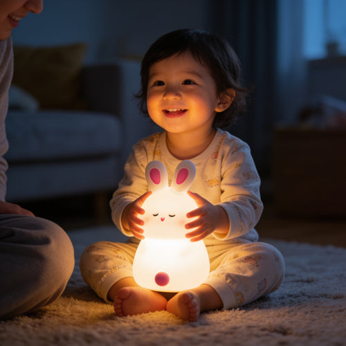 Lumiwee Glow animal silicone night light: toddler holding the glowing bunny light
