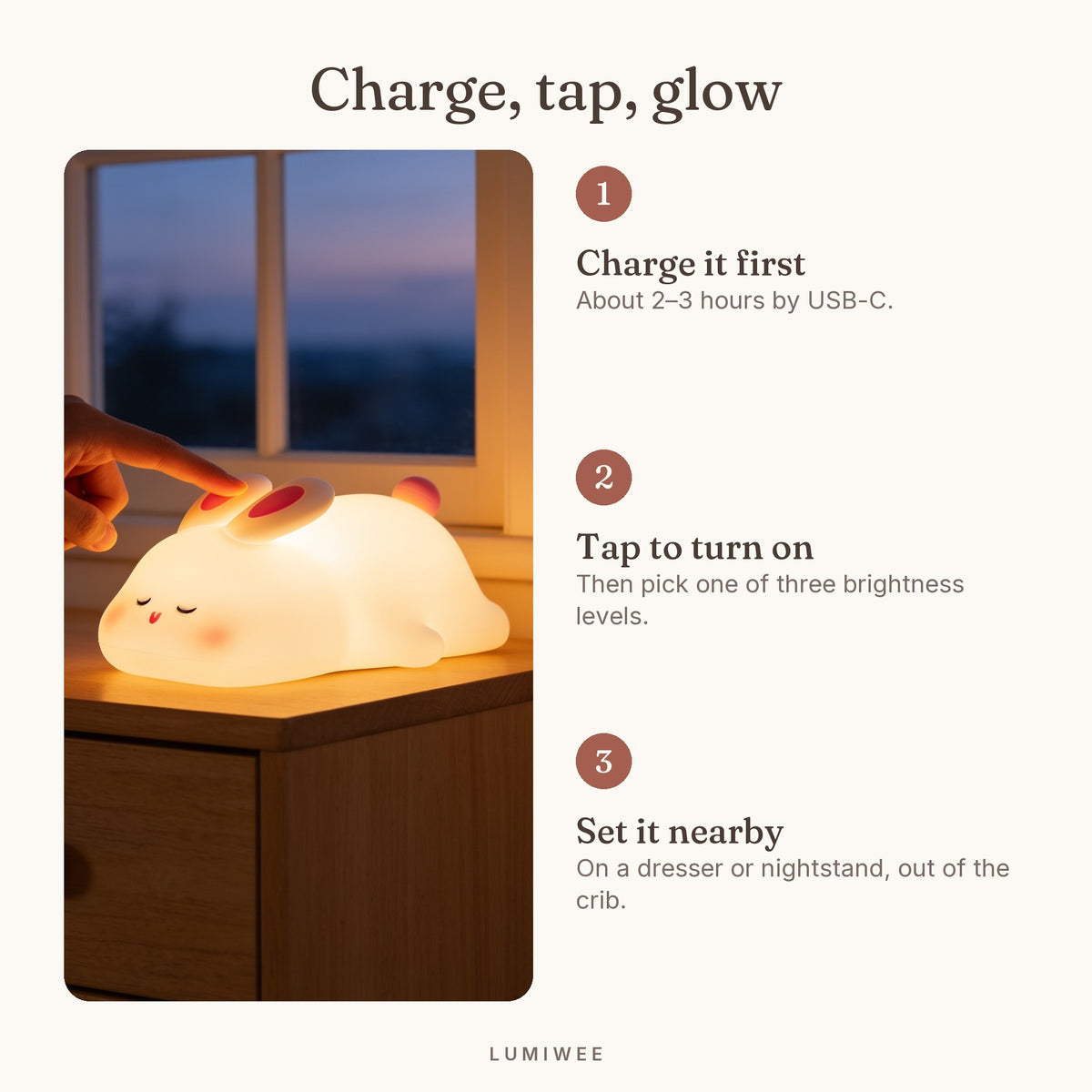 Lumiwee infographic: Glow - Charge, tap, glow