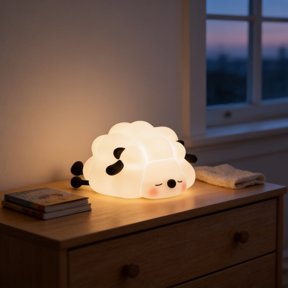 Lumiwee Glow animal silicone night light, Black Sheep option, in a bright room