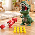 Lumiwee Gulp Basic Edition dinosaur target, one red air launcher and twelve yellow balls in a playroom