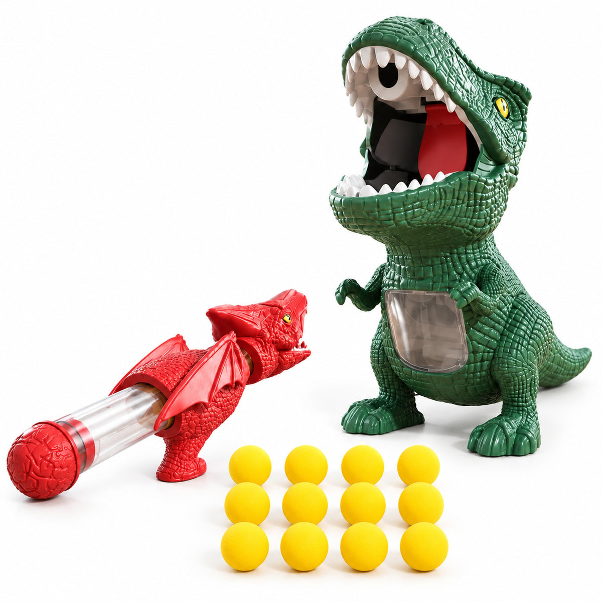 Gulp Basic Edition dinosaur target, one launcher and twelve balls on white