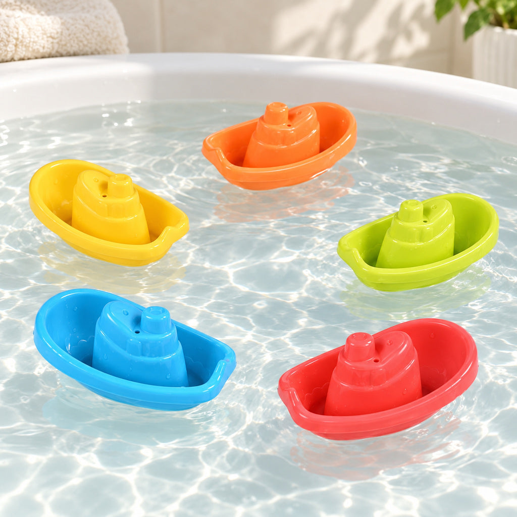Five Lumiwee Harbor colorful tugboat toys floating in a white bathtub