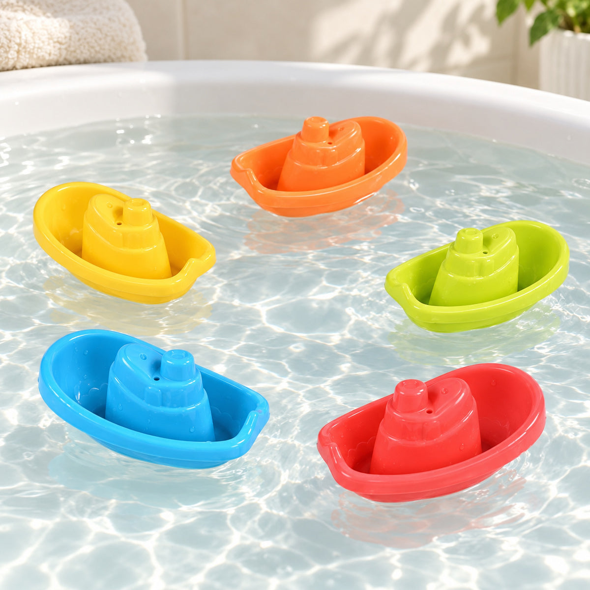 Five Lumiwee Harbor colorful tugboat toys floating in a white bathtub