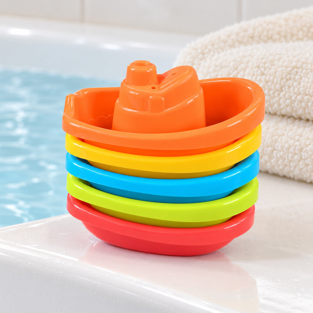 Five Lumiwee Harbor boats nested into one stack on a bath ledge