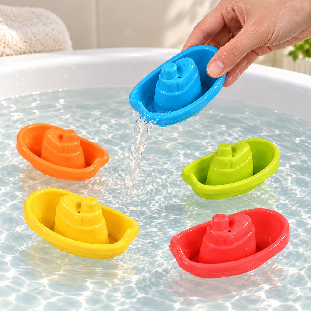 Adult pouring water from a blue Harbor boat into a bathtub