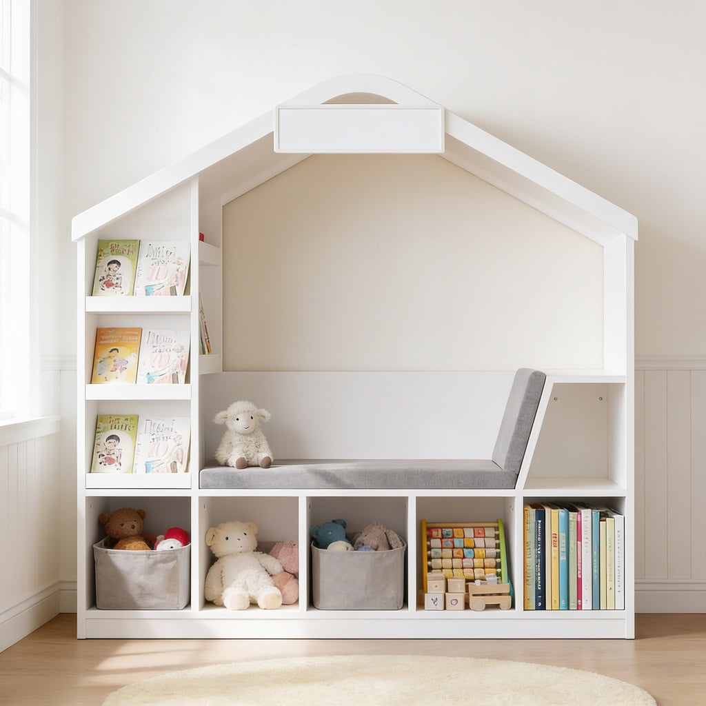 Lumiwee Hazel white kids bookcase with reading nook: white house-shaped bookcase with reading bench, face-out book tiers and toy cubbies