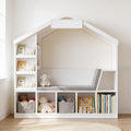 Lumiwee Hazel white kids bookcase with reading nook: white house-shaped bookcase with reading bench, face-out book tiers and toy cubbies