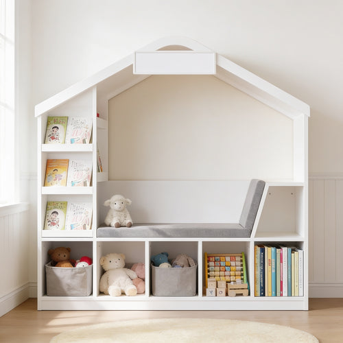 Lumiwee Hazel white kids bookcase with reading nook: white house-shaped bookcase with reading bench, face-out book tiers and toy cubbies