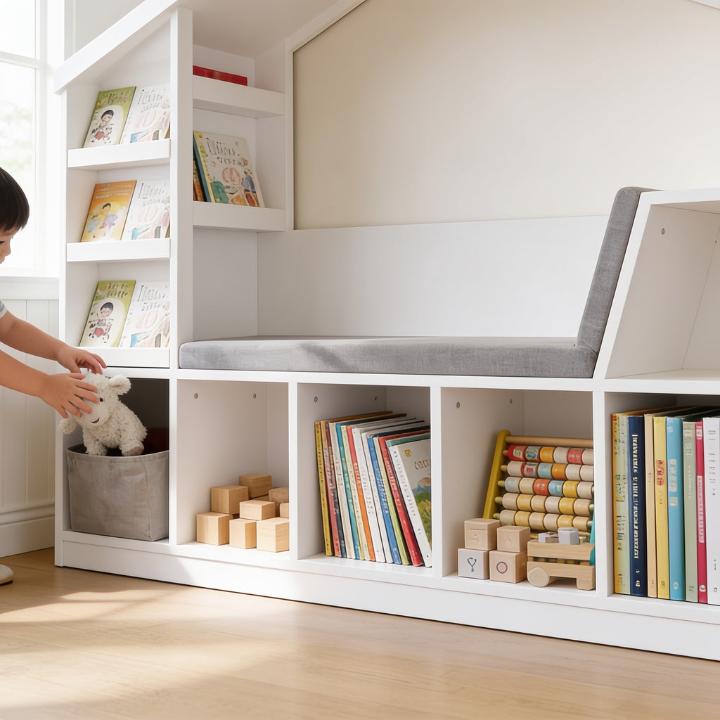 Lumiwee Hazel white kids bookcase with reading nook: child dropping a plush toy into a cubby bin