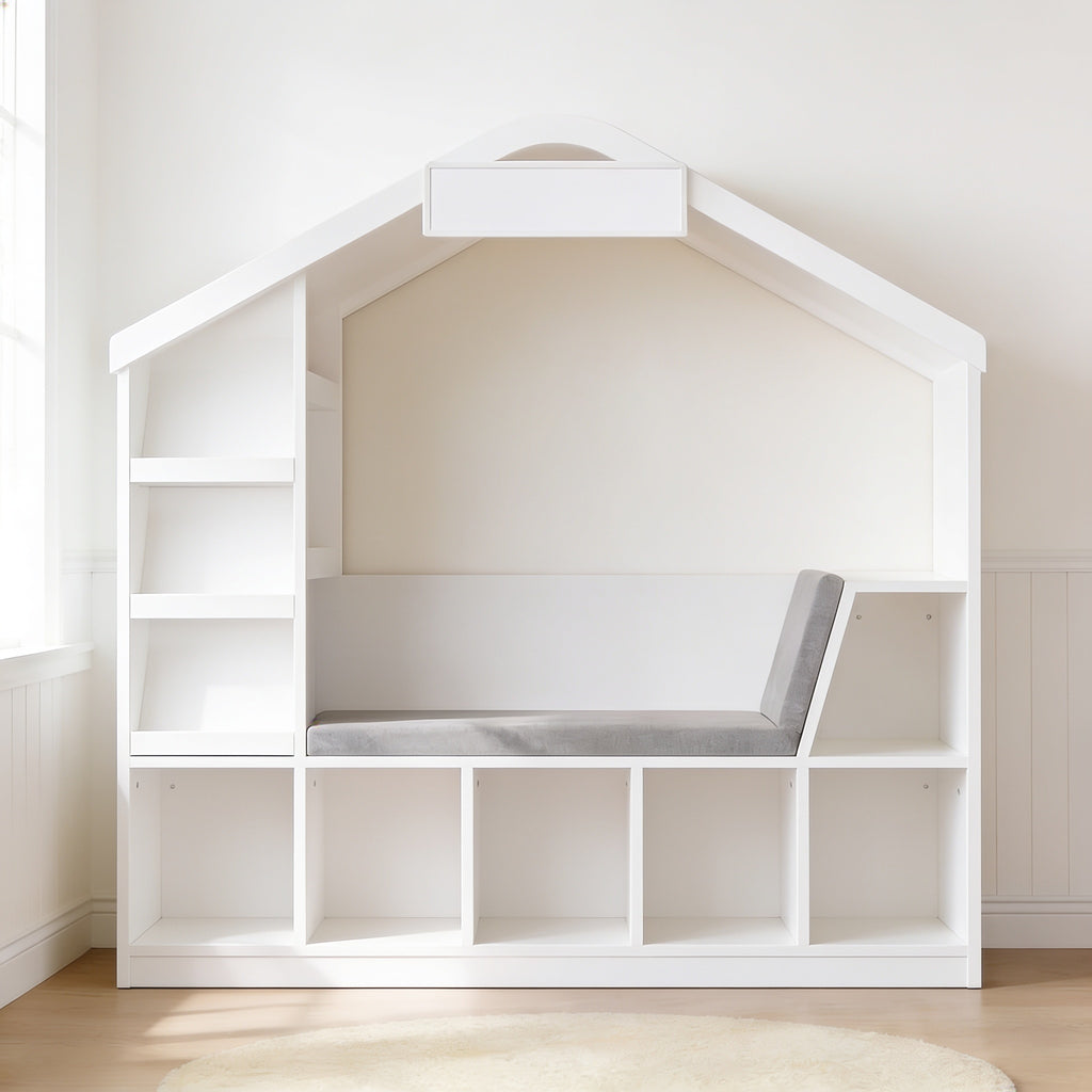 Lumiwee Hazel white kids bookcase with reading nook: empty bookcase showing the tiers, bench and 5 cubbies