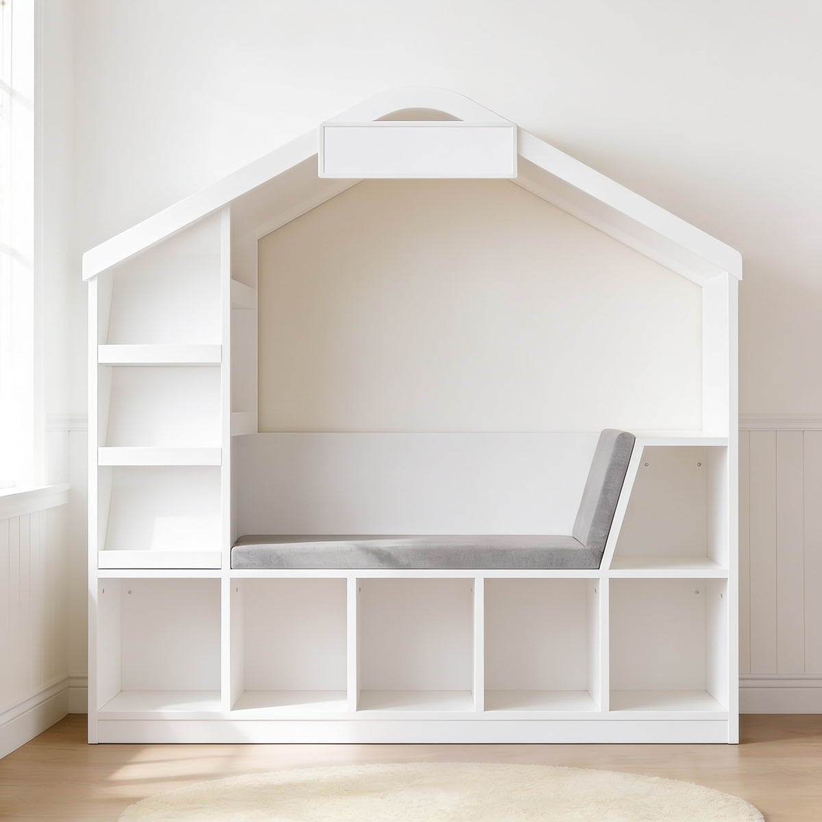 Lumiwee Hazel white kids bookcase with reading nook: empty bookcase showing the tiers, bench and 5 cubbies