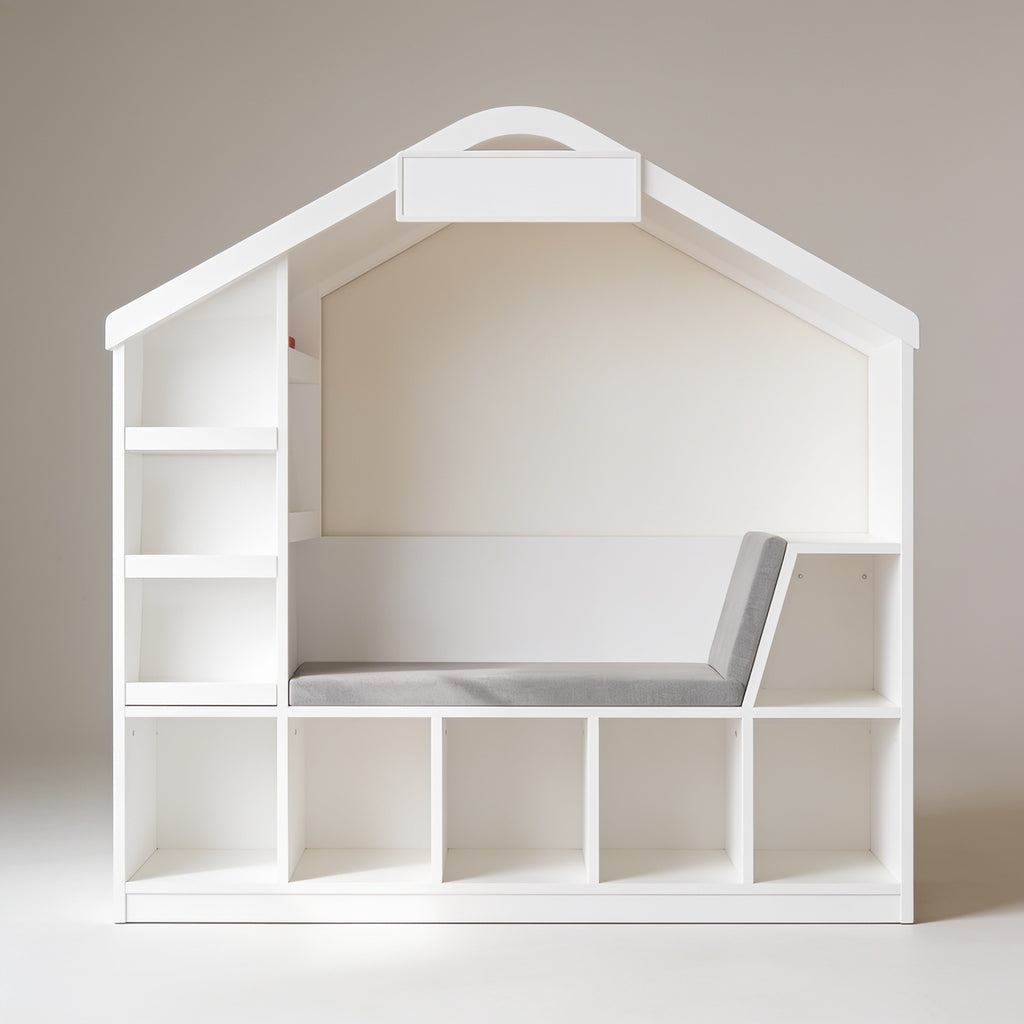Lumiwee Hazel white kids bookcase with reading nook: white kids bookcase with reading nook on a plain background