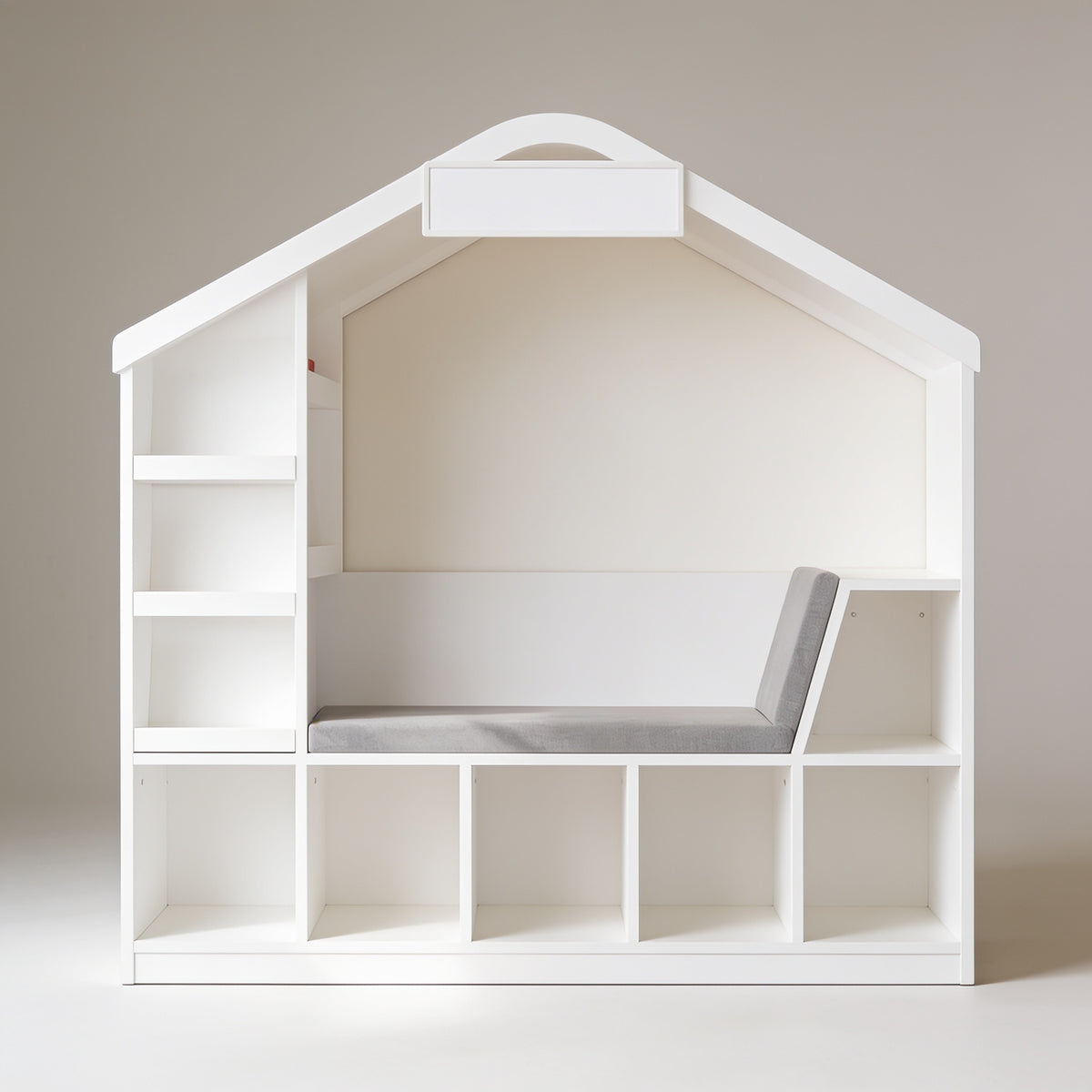 Lumiwee Hazel white kids bookcase with reading nook: white kids bookcase with reading nook on a plain background