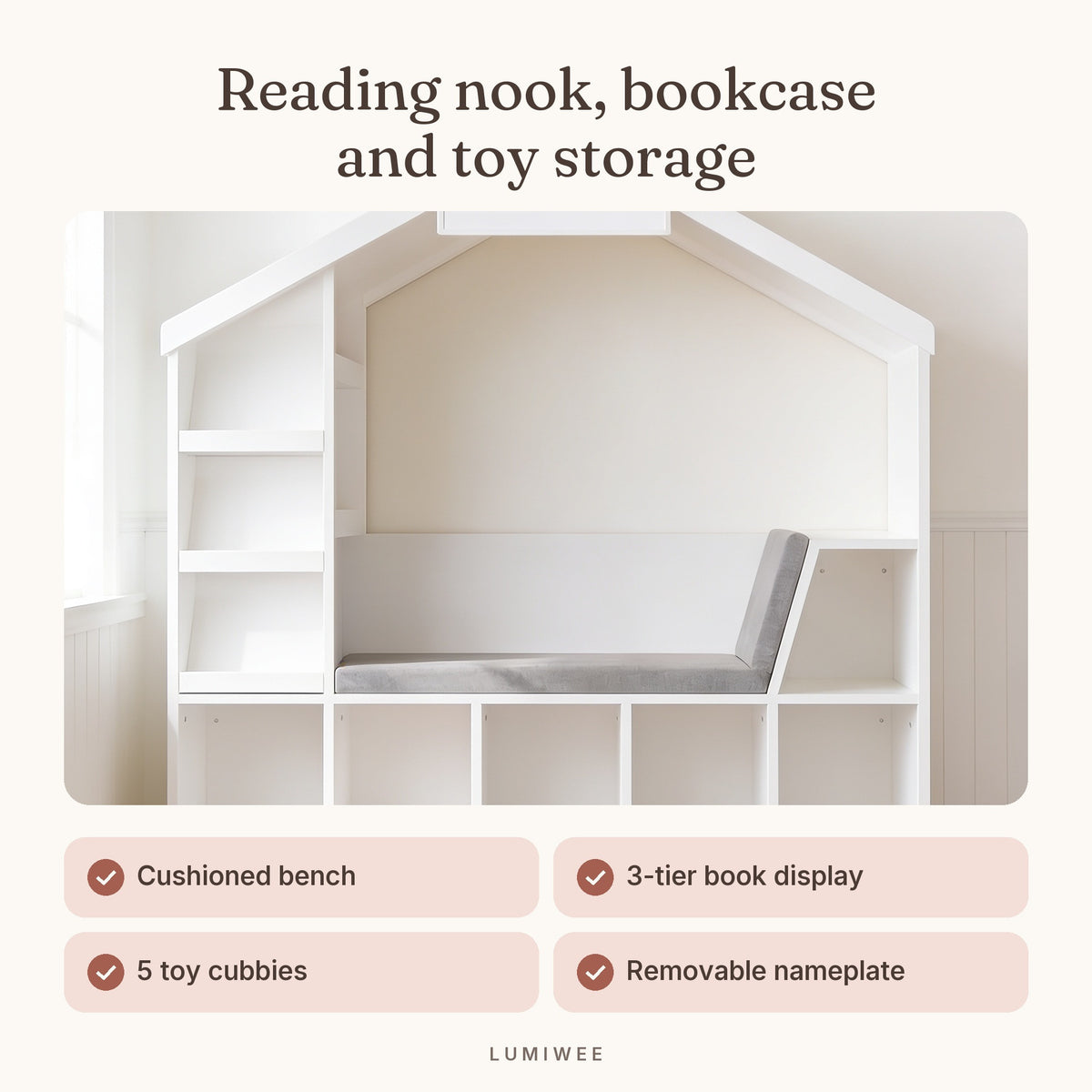 Lumiwee infographic: Hazel - Reading nook, bookcase and toy storage