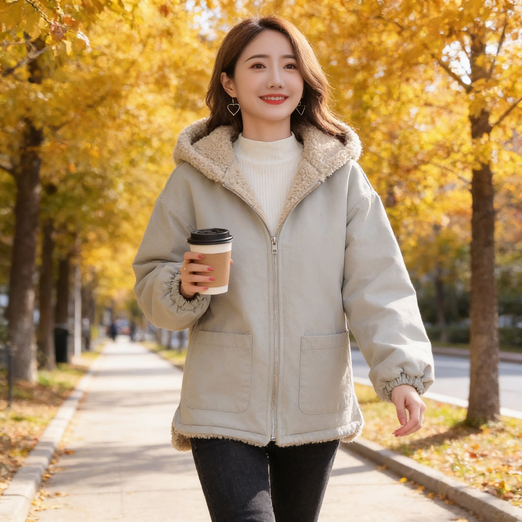 Lumiwee Hearth babywearing maternity jacket: woman in the light gray sherpa-lined hooded jacket on an autumn street