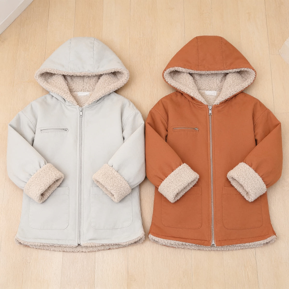 Lumiwee Hearth babywearing maternity jacket: the light gray and rust jackets laid flat side by side