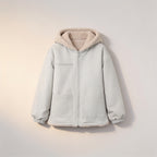 Lumiwee Hearth babywearing maternity jacket: light gray hooded maternity jacket on a plain background
