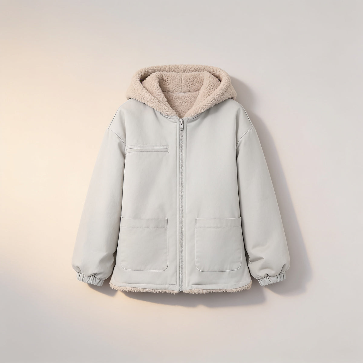 Lumiwee Hearth babywearing maternity jacket: light gray hooded maternity jacket on a plain background