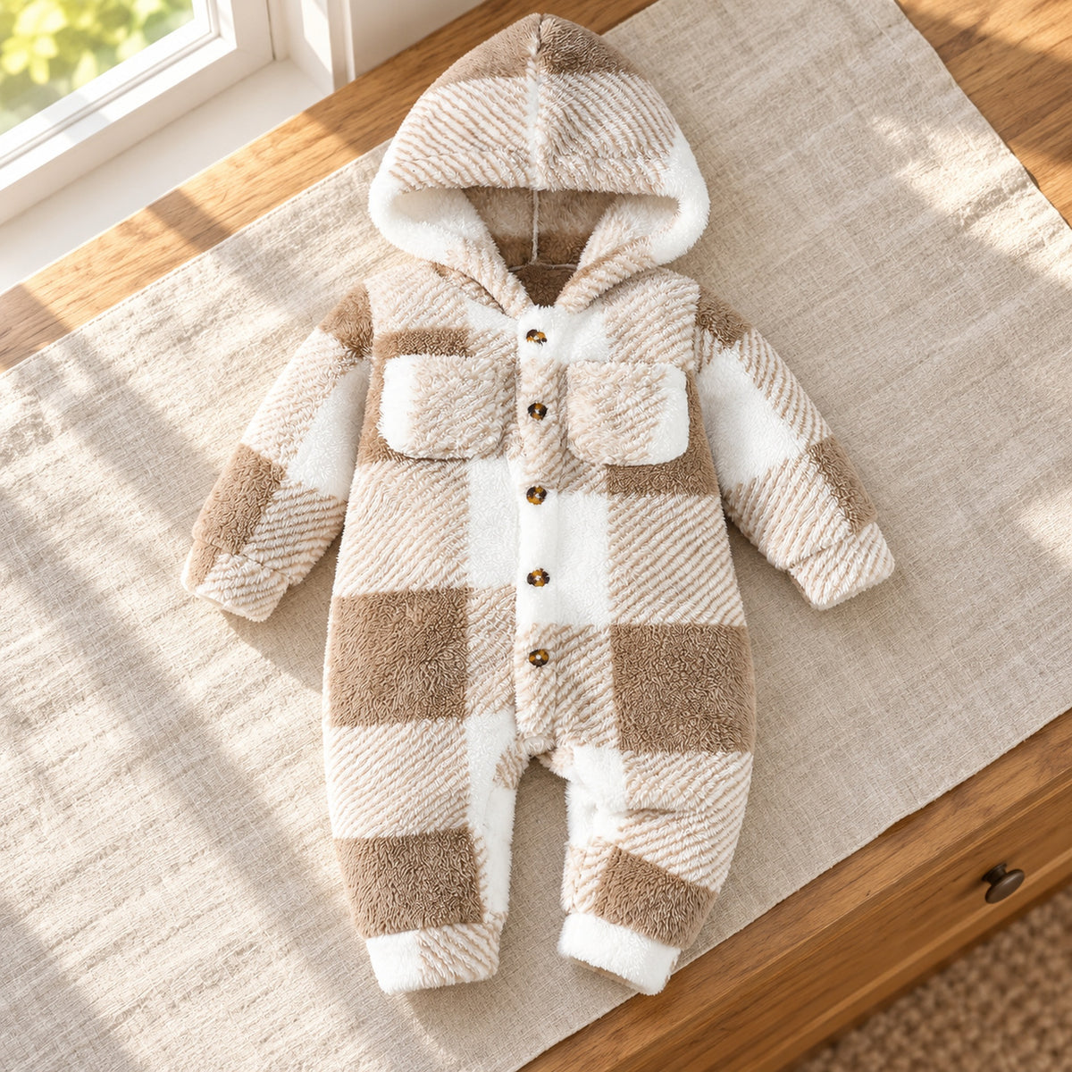 Lumiwee tan plaid Heather hooded romper displayed in a bright daytime home