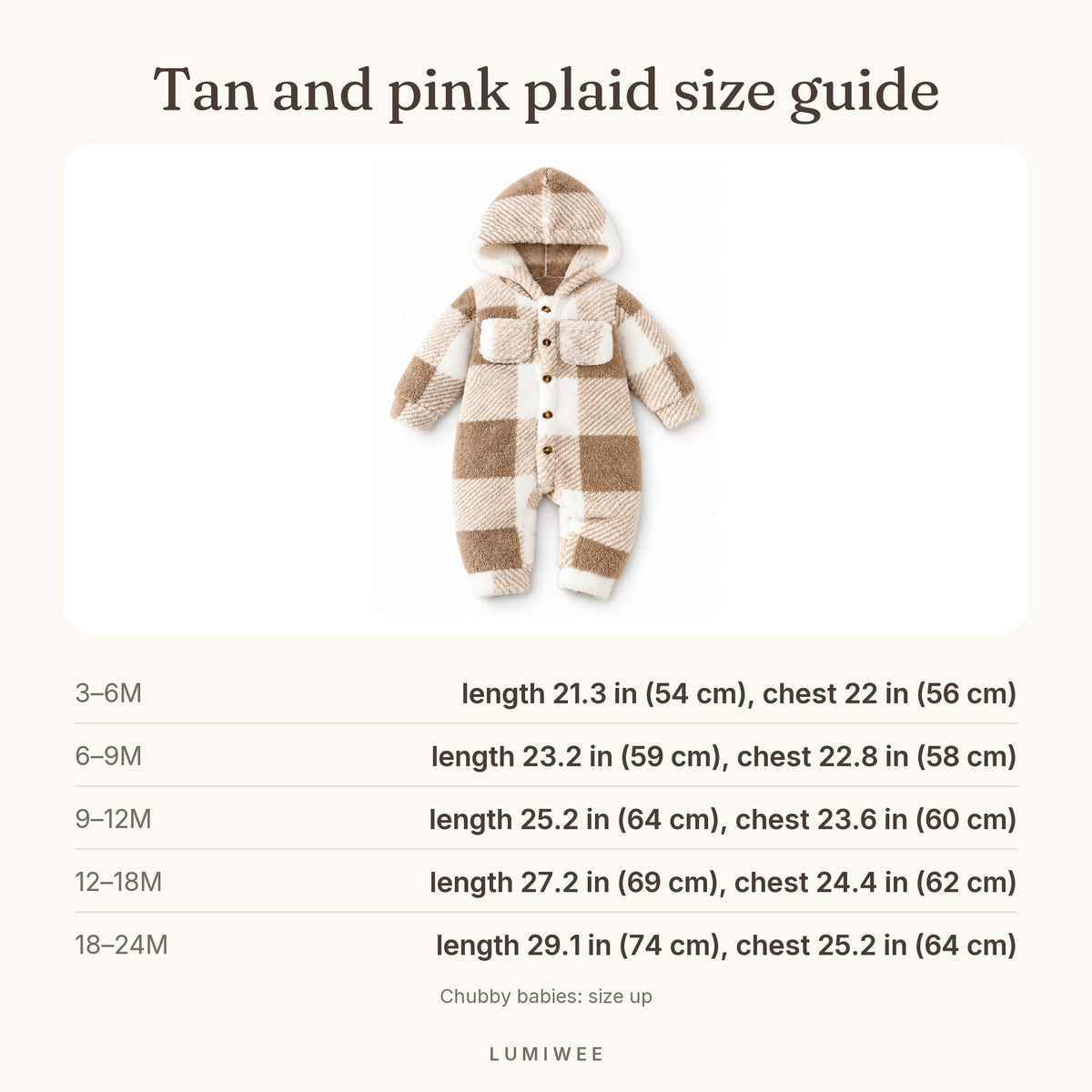 Lumiwee infographic: Heather - Tan and pink plaid size guide