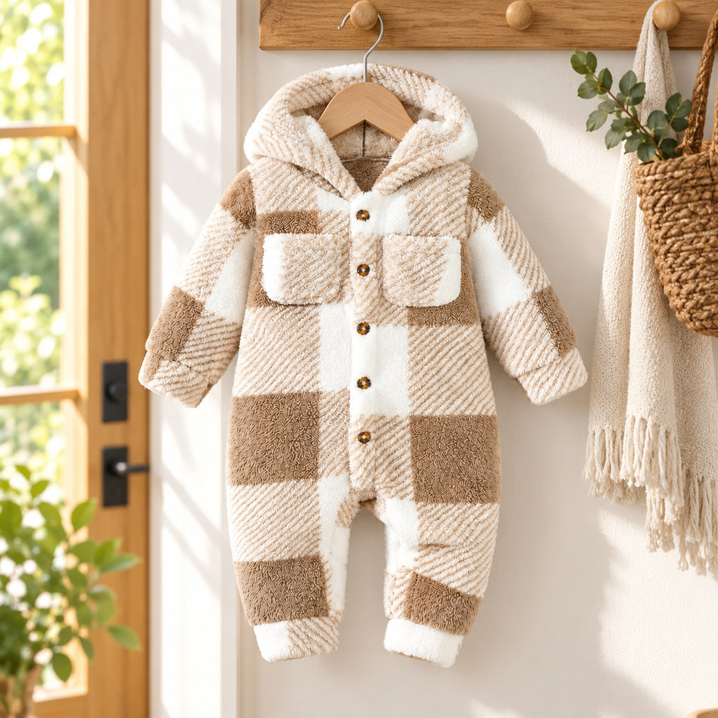 Lumiwee tan plaid Heather romper hanging near the home entryway