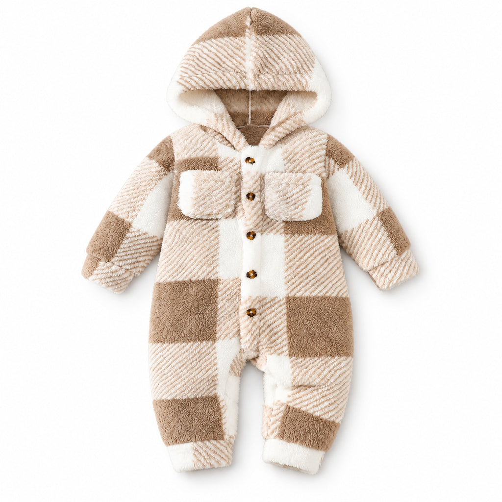 Lumiwee tan plaid Heather hooded romper on white