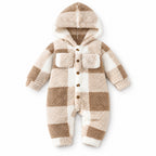 Lumiwee tan plaid Heather hooded romper on white