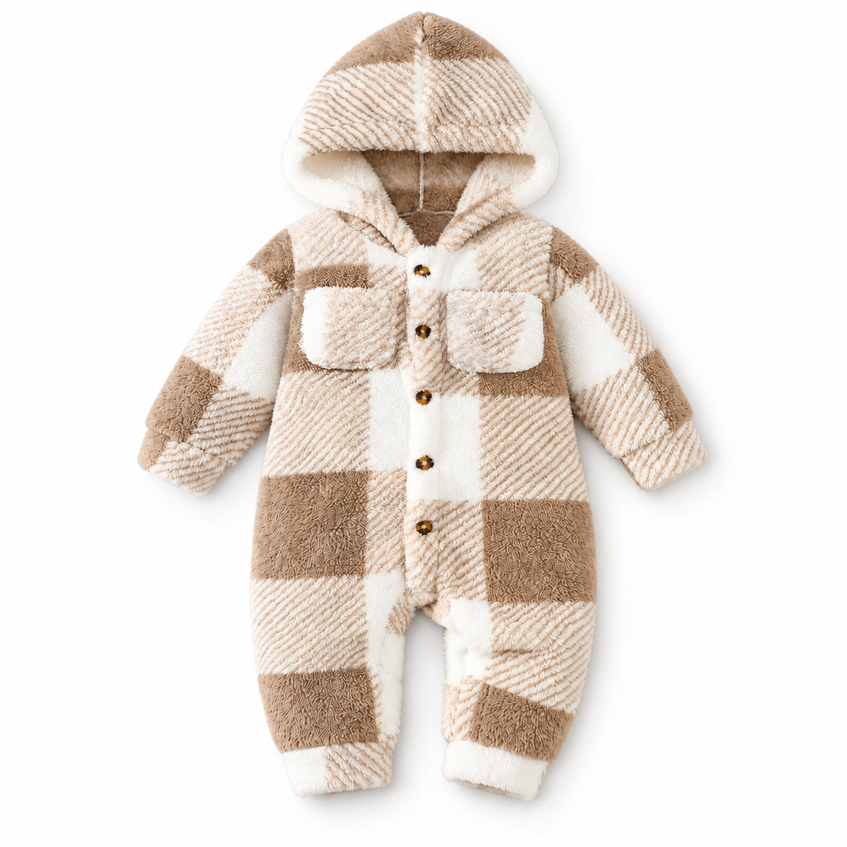 Lumiwee tan plaid Heather hooded romper on white