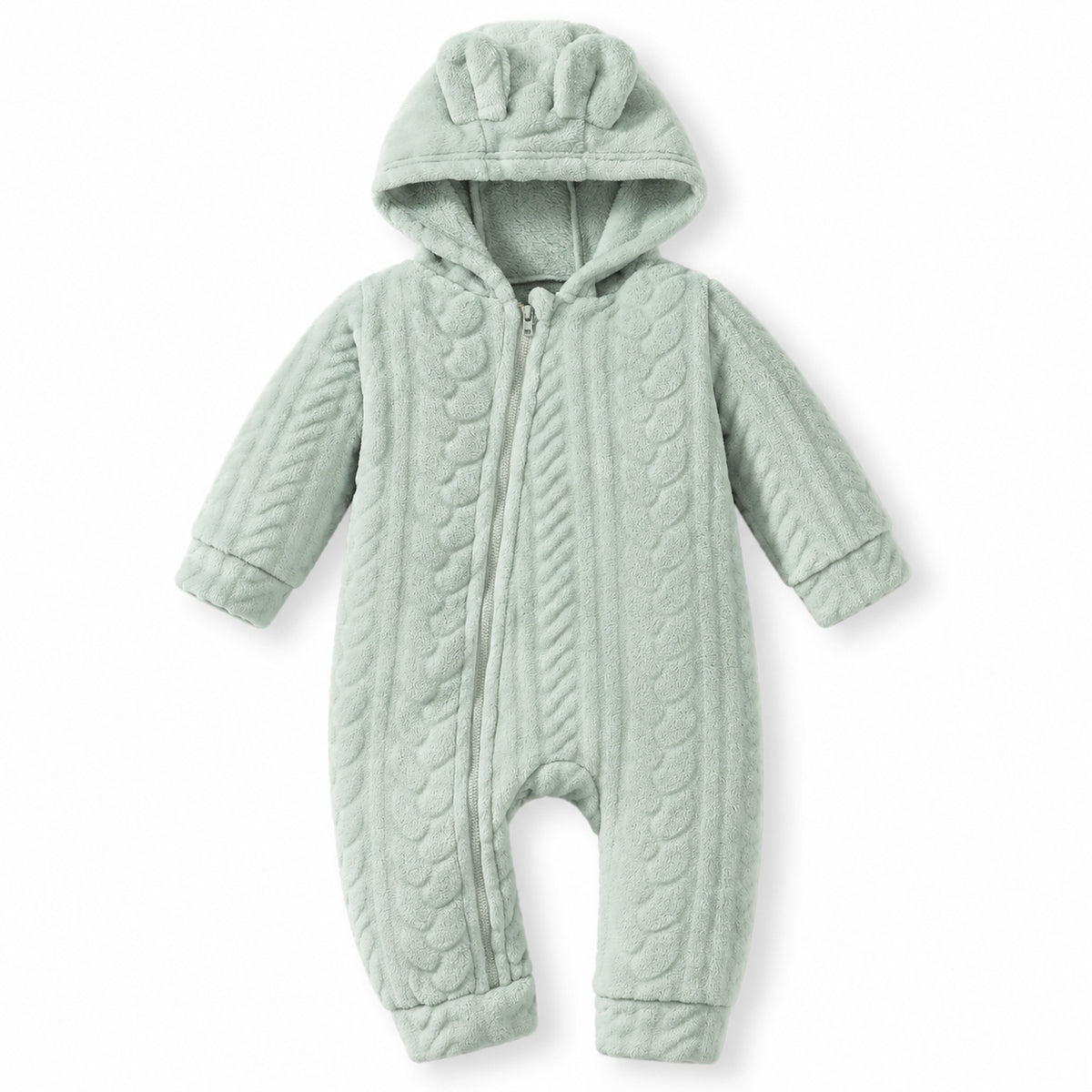 Lumiwee Heather Hooded Baby Romper, Sage Cable Knit option