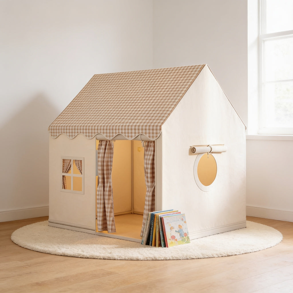 Lumiwee Hideout kids play tent: khaki gingham house play tent in a bright playroom