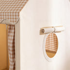 Lumiwee Hideout kids play tent: close-up of the gingham roof, window and curtain tie