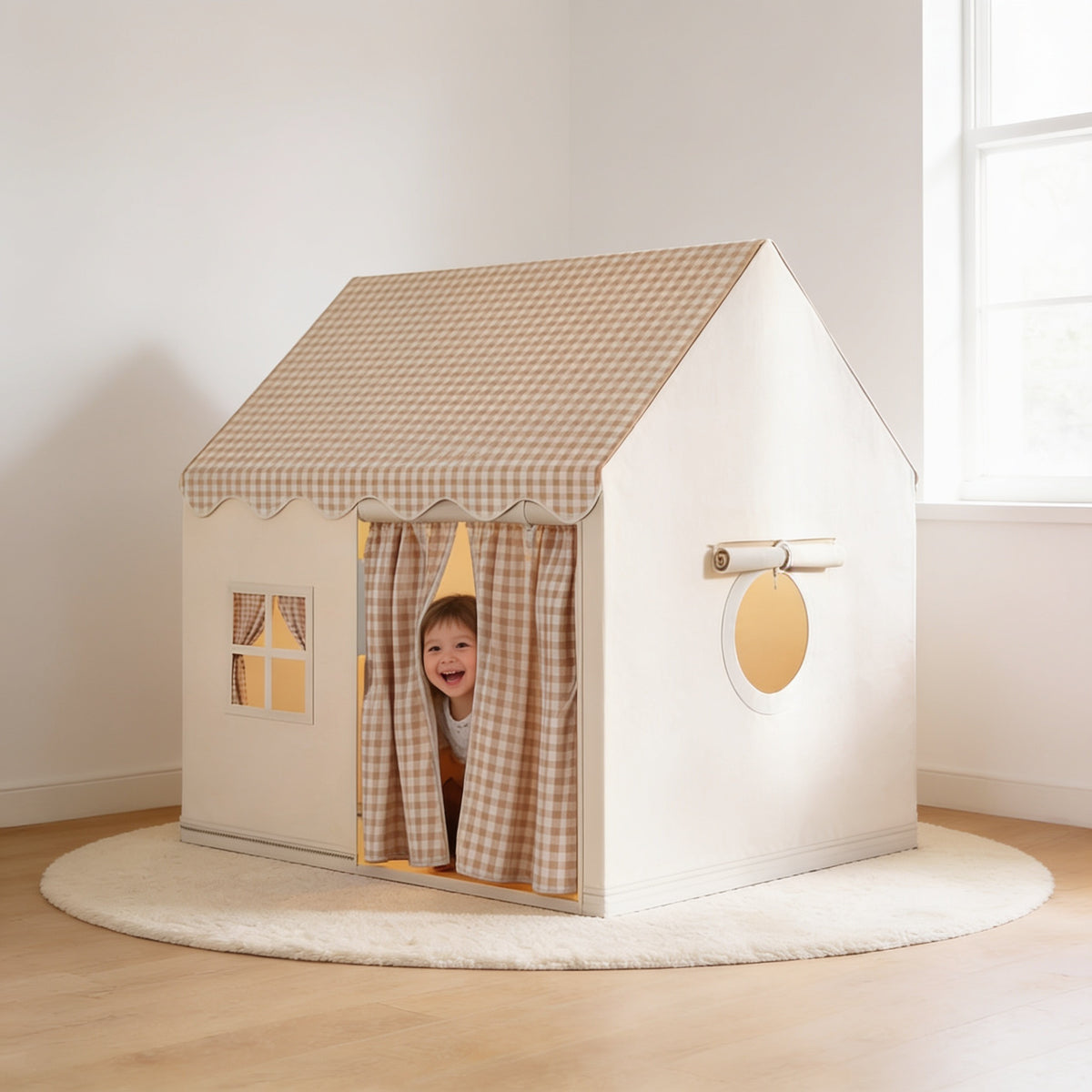 Lumiwee Hideout kids play tent: child peeking out through the closed curtains