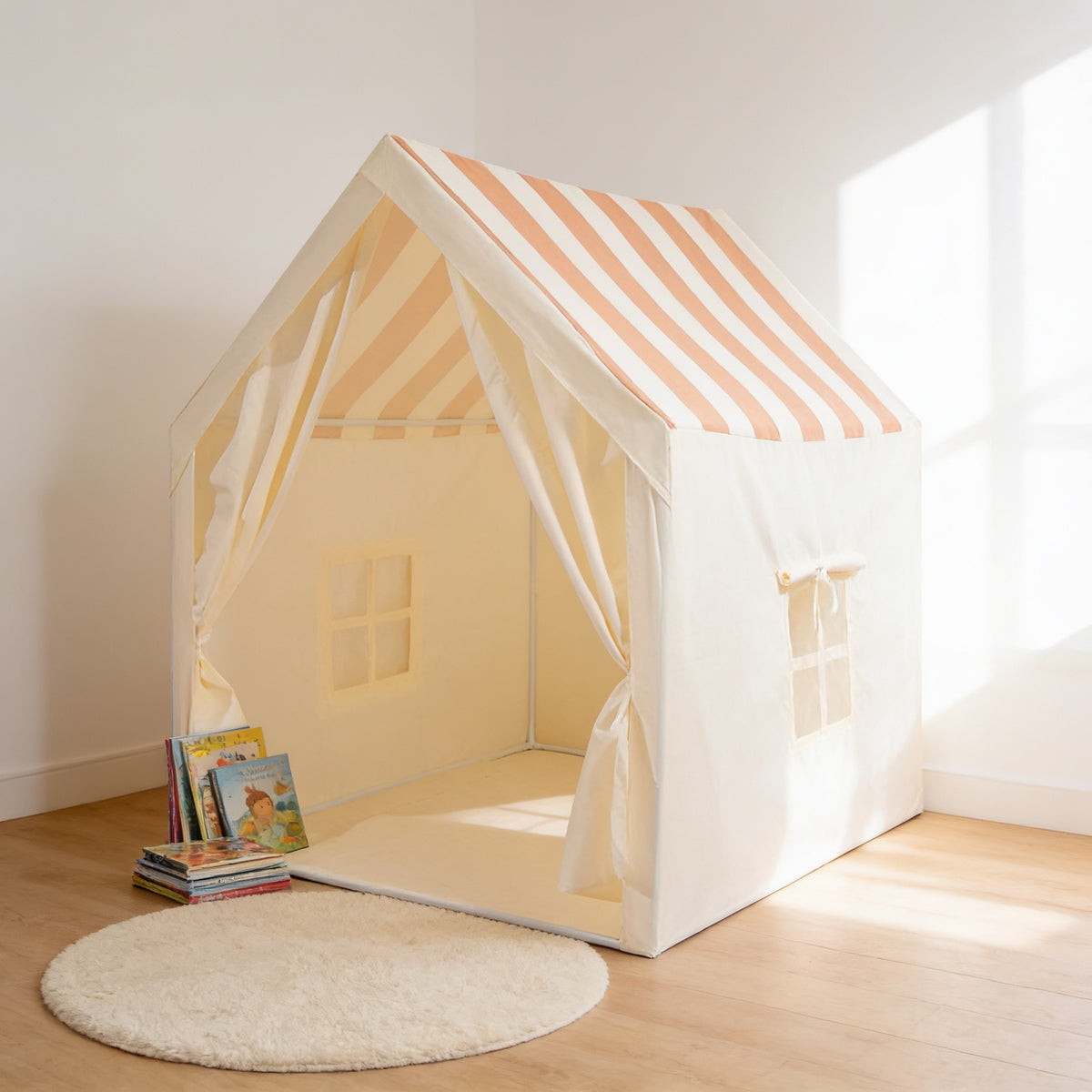 Lumiwee Hideout kids play tent, Peach Stripe option, in a bright room